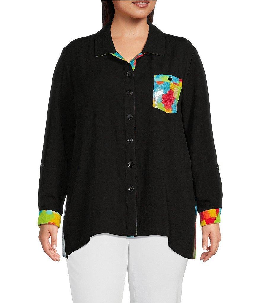 Multiples Plus Size Crinkle Woven Point Collar Roll-Tab Sleeve Sequin Pocket Hi-Low Button-Front Shirt Product Image