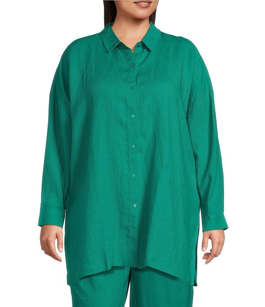 Eileen Fisher Plus Size Organic Linen Point Collar Long Sleeve Button-Front Shirt Product Image