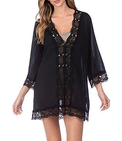 La Blanca Island Fare V-Neck Crinkle Crochet Trim Swim Cover Up Tunic Product Image