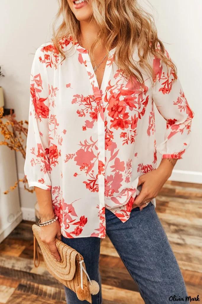 Olivia Mark – Floral Print Pleated Back V Neck Shift Casual Shirt with Print Pattern Product Image