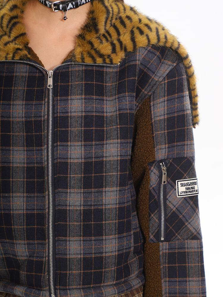 Collared Plaid Panel Fleece Zip Puffer Jacket Product Image