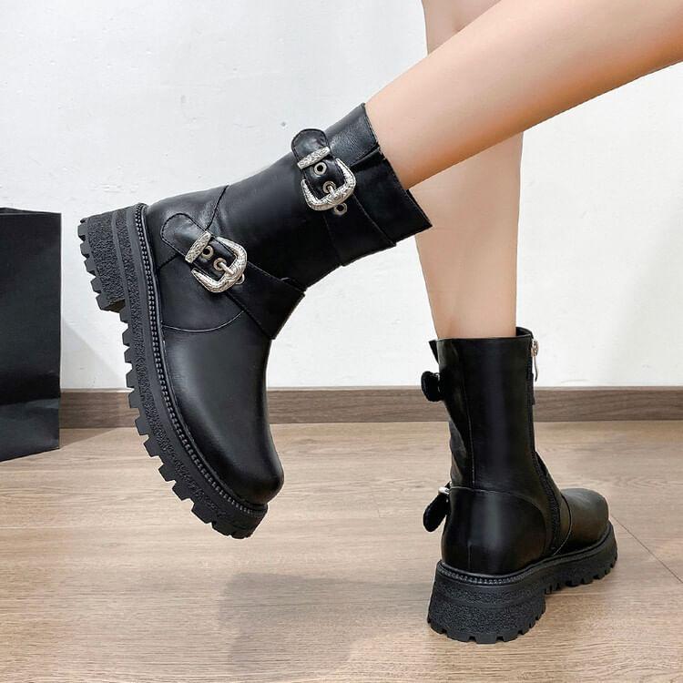 Faux Leather Buckled Platform Short Boots Product Image