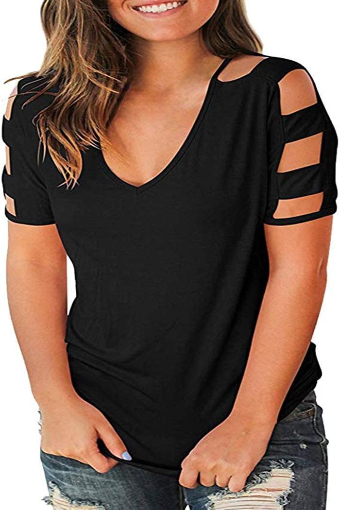 V Neck Short Sleeve Top With Arm Cut Product Image