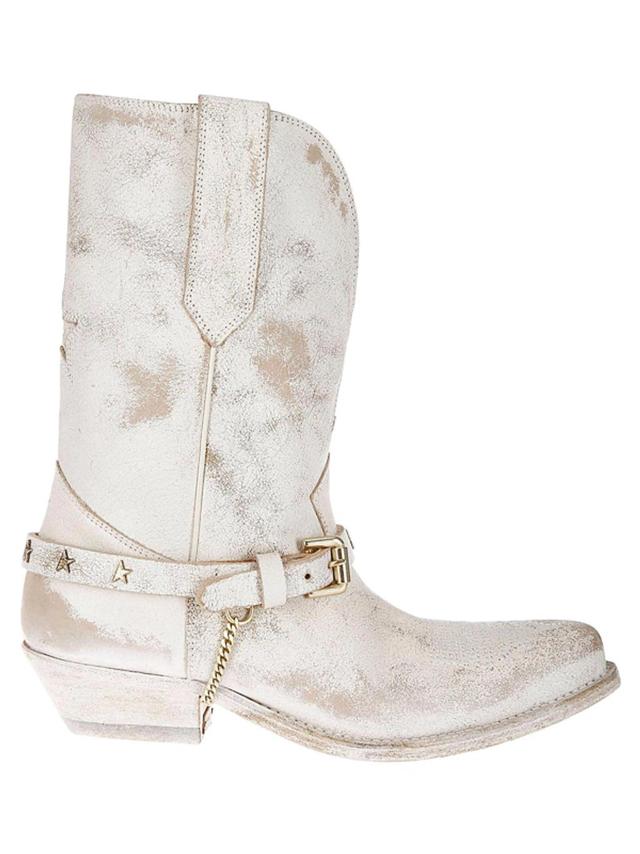 GOLDEN GOOSE Wish Star Belt Chain Western Boots In Ivory Product Image