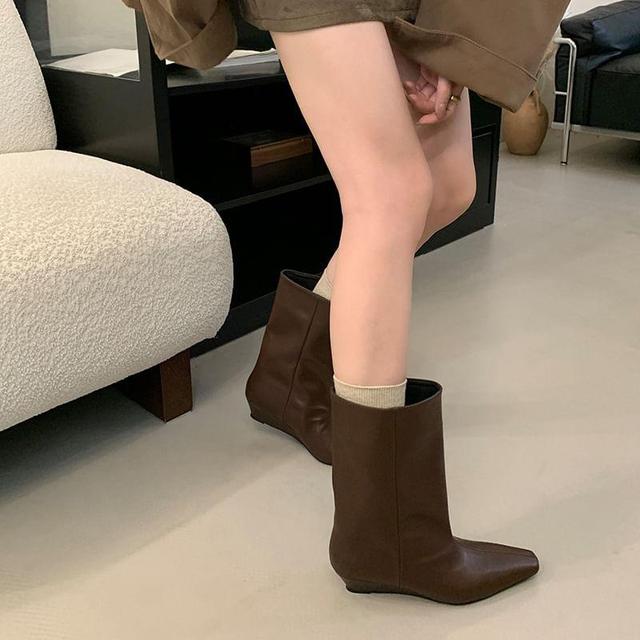 Wedge Heel Plain Faux Leather Short Boots Product Image