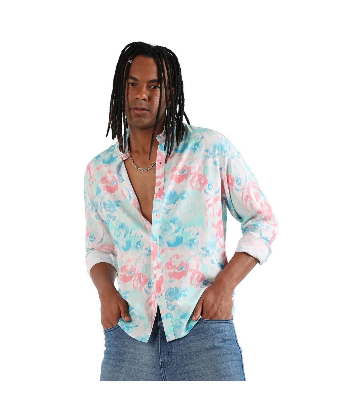 Campus Sutra Mens EcoLiva Light Blue & Baby Pink Faded Roses Shirt product image