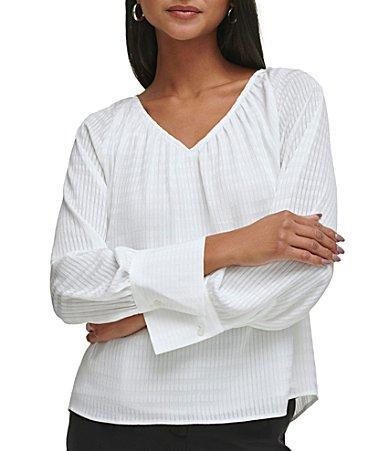 Calvin Klein Womens Long Sleeve Textured V-Neck Blouse Product Image