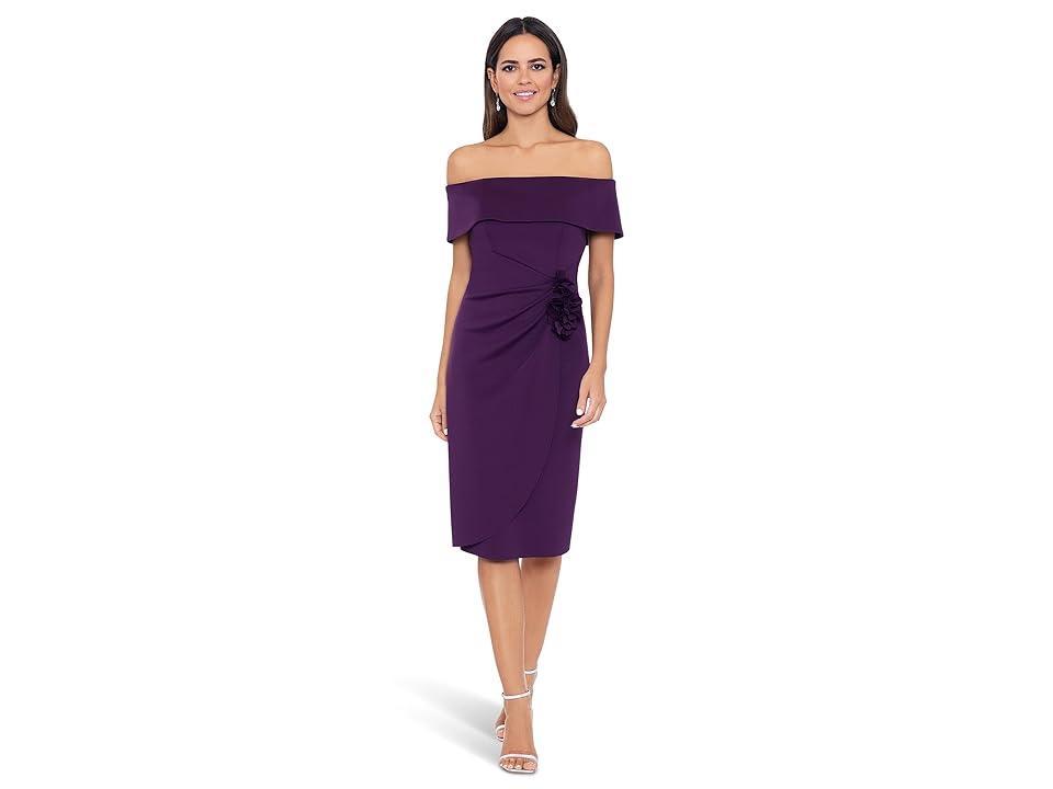 XSCAPE Short Scuba Off-the-Shoulder Side Flower (Plum) Women's Dress Product Image