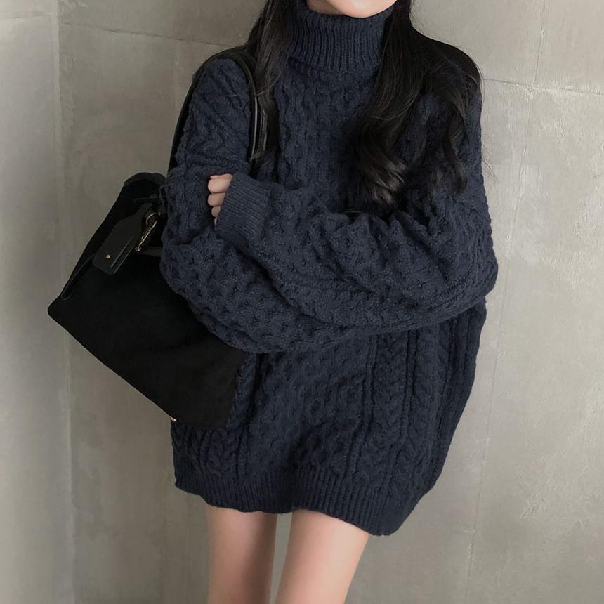 Turtleneck Plain Cable-Knit Oversized Sweater Product Image