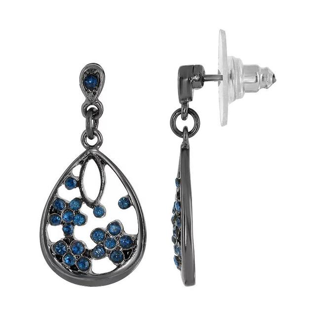 1928 Black Tone Blue Simulated Crystal Floral Teardrop Earrings, Womens Product Image