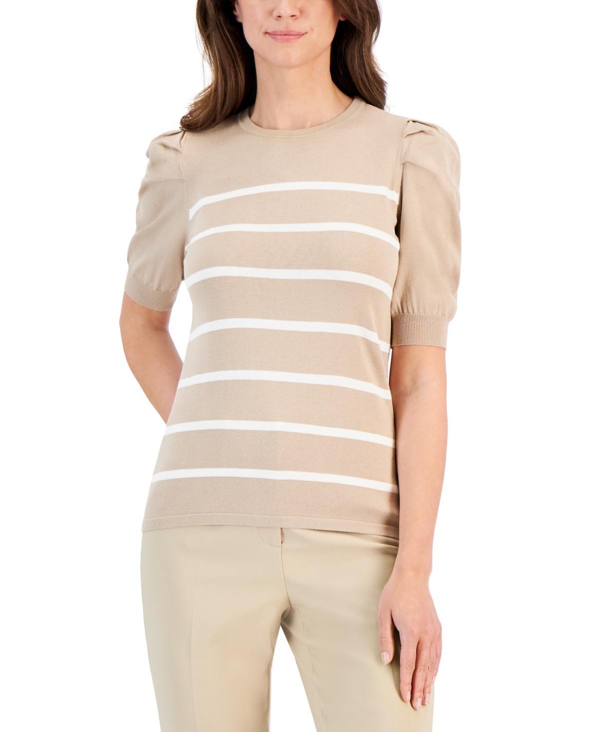 Anne Klein Womens Striped Puff-Sleeve Sweater - Latte Product Image