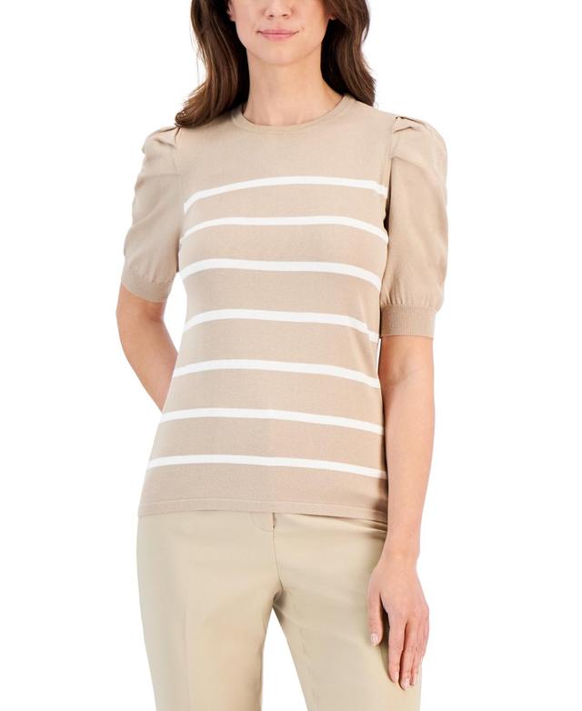 Anne Klein Womens Striped Puff-Sleeve Sweater - Latte Product Image