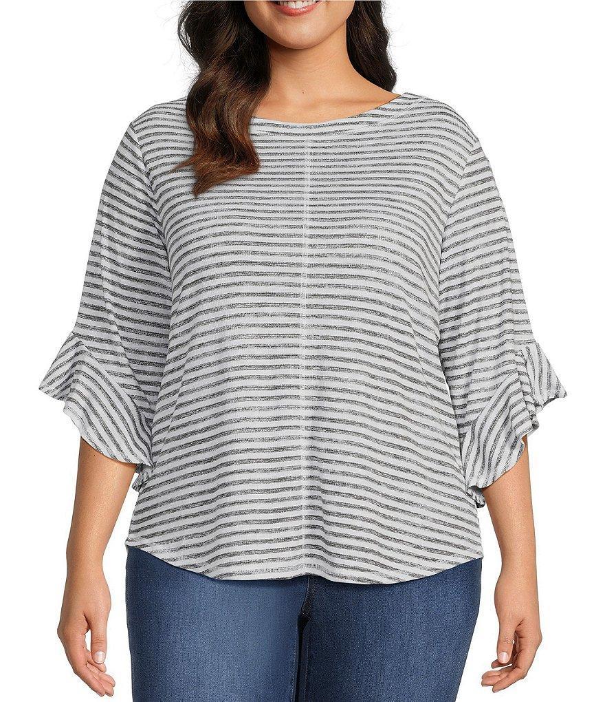 Westbound Plus Size Knit Stripe Print Crew Neck 3/4 Ruffle Sleeve Top Product Image