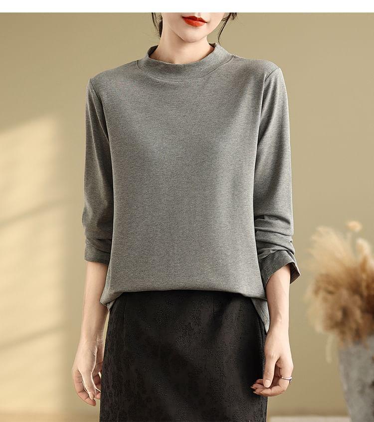 Long-Sleeve Mock Neck Plain Tee Product Image