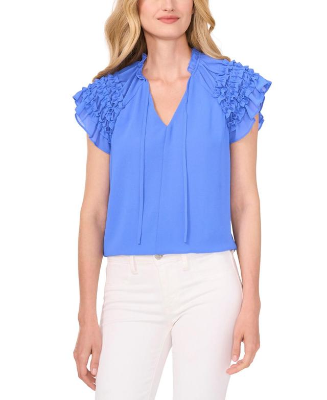 Women's Ruched Ruffle Raglan Sleeve V-Neck Blouse Product Image