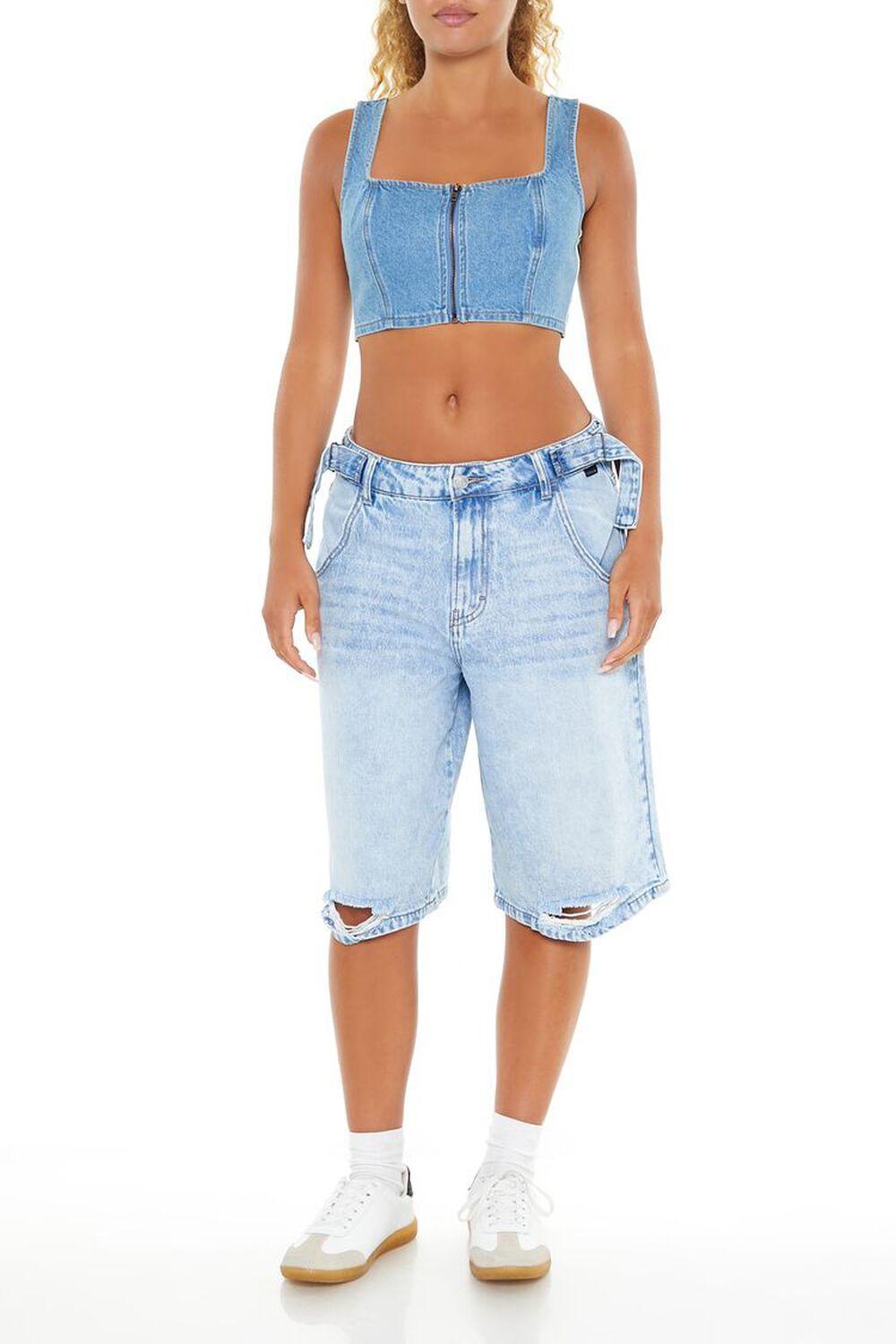 Varsity-Striped Denim Crop Top | Forever 21 Product Image