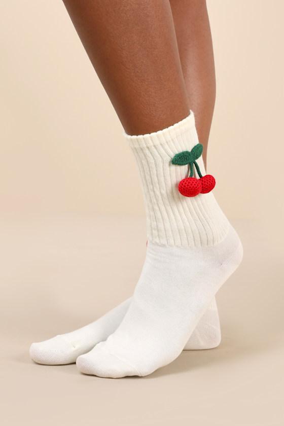 Paulina Cream 3D Cherry Applique Crew Socks Product Image