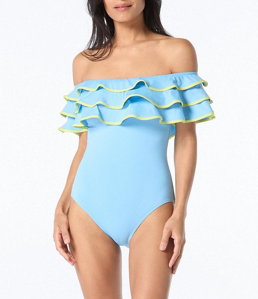 kate spade new york Contrast Solid Off-the-Shoulder Ruffle Bandeau One Piece Swimsuit Product Image