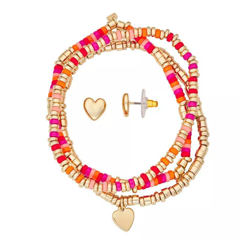 Nine West Gold Tone Colorful 3 Row Beaded Heart Bracelet & Stud Earring Set, Womens, Multi Product Image