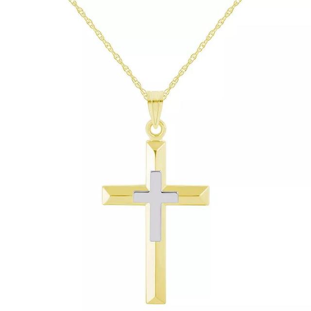 Two Tone 14k Gold Layered Cross Pendant Necklace, Womens 14k 2 Tone Product Image