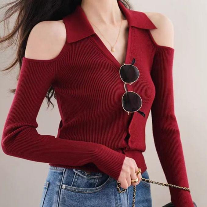 Cold-Shoulder Long Sleeve Plain Ribbed Collared Button-Up Knit Top Product Image