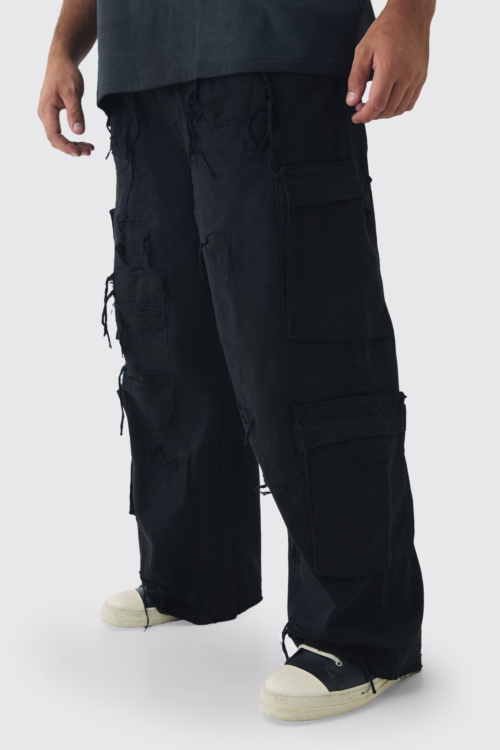 Plus Relaxed Fit Distressed Cargo Trousers | boohooMAN USA Product Image