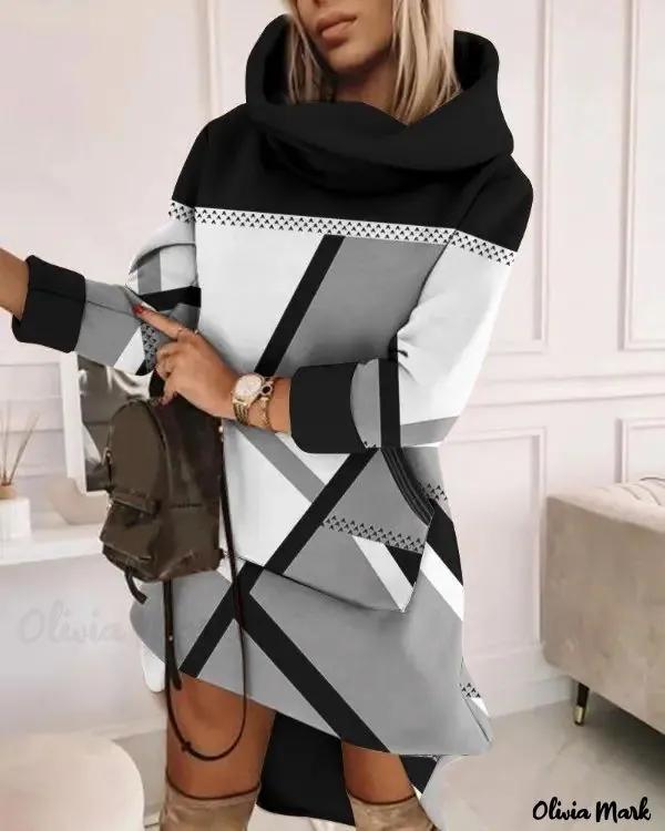 Olivia Mark – Geometric Print Long Sleeve Sweatshirt Dress Product Image