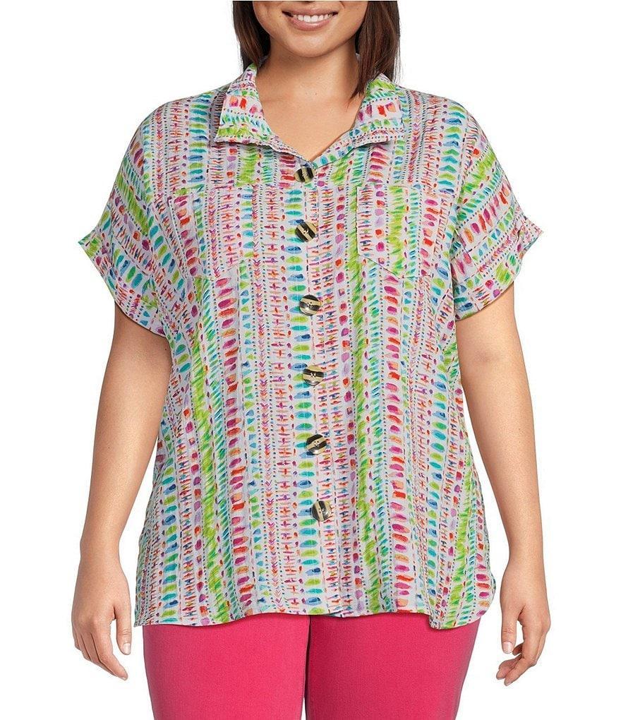 John Mark Plus Size Fuchsia Print Wire Collar Short Sleeve Button Front Camp Shirt Product Image