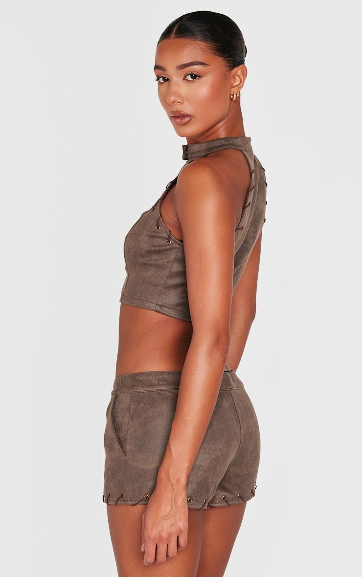 Brown Distressed Faux Suede Eyelet Zip Up Top Product Image