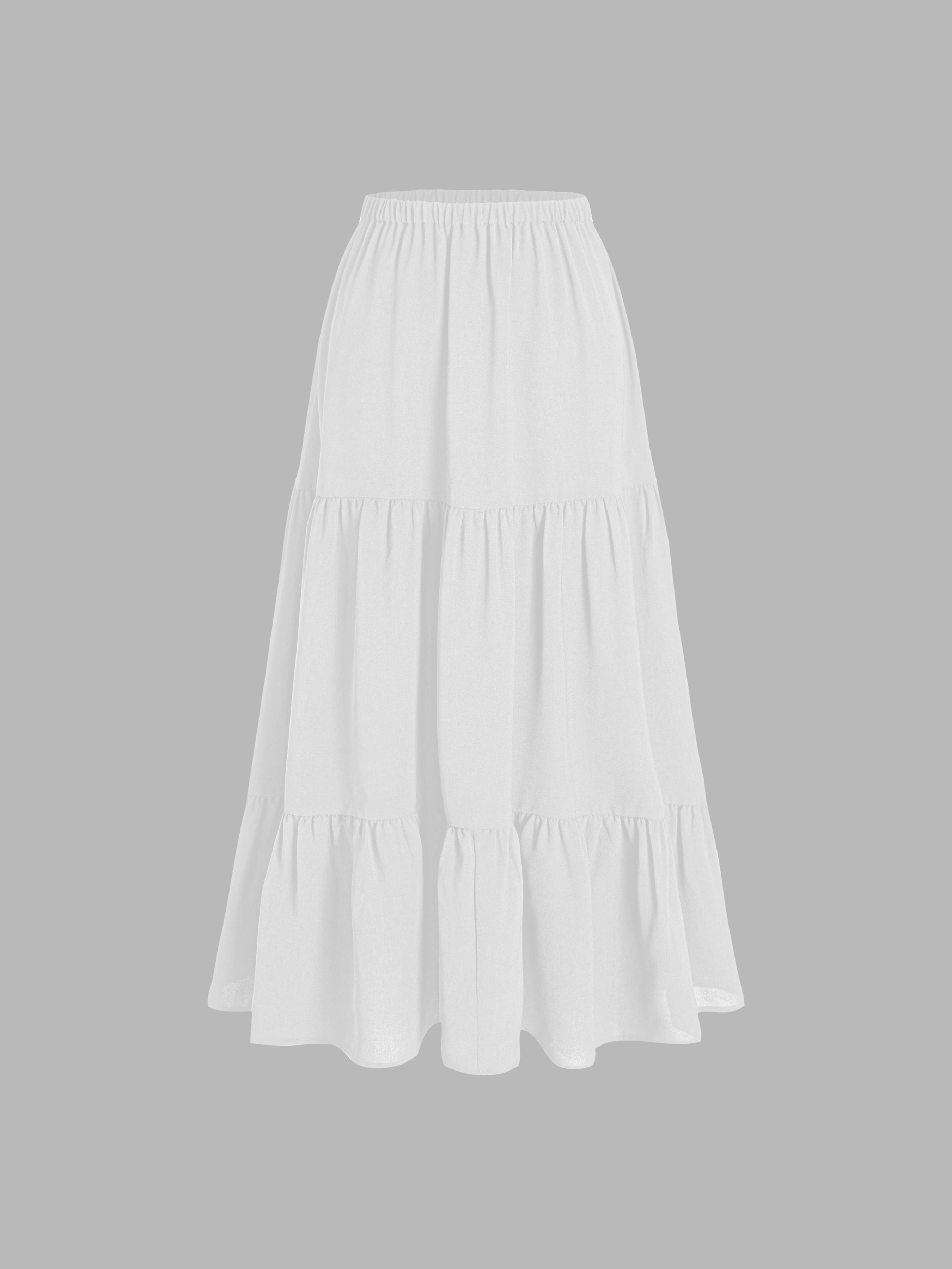 Solid Elastic Waist Ruffle Hem Tiered Midi Skirt Product Image