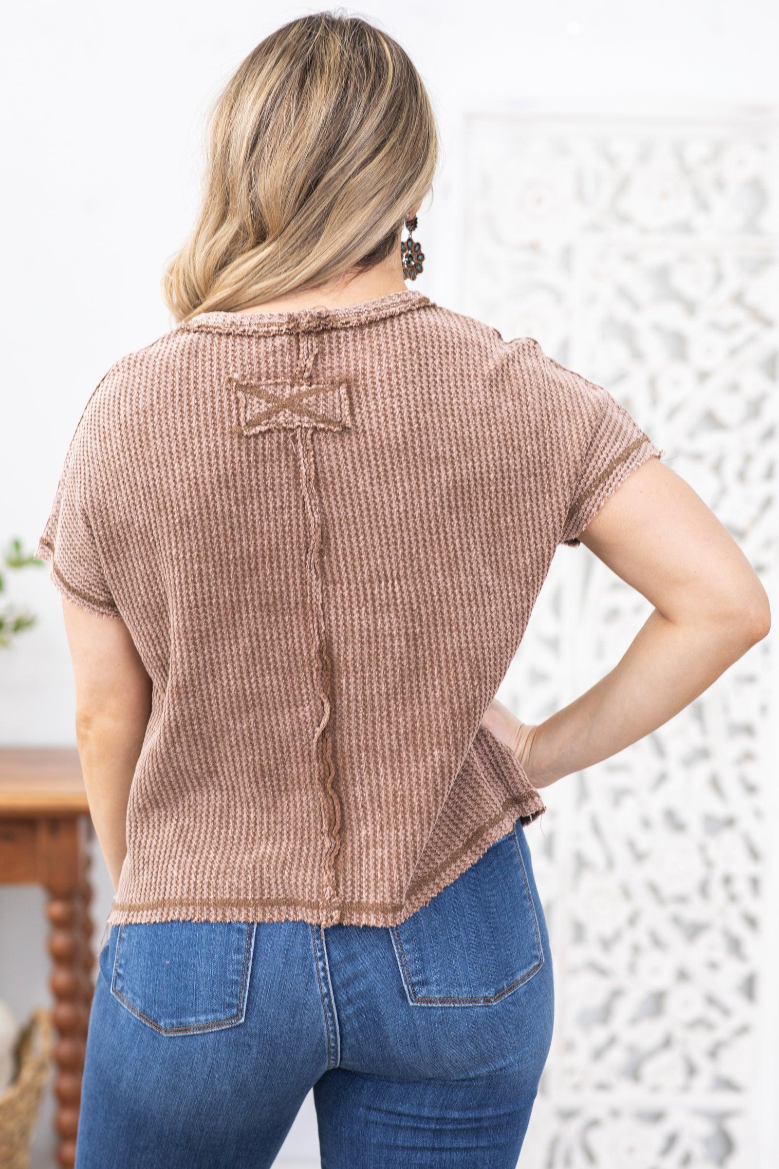 Brown Washed Stitch Detail Waffle Knit Top Product Image