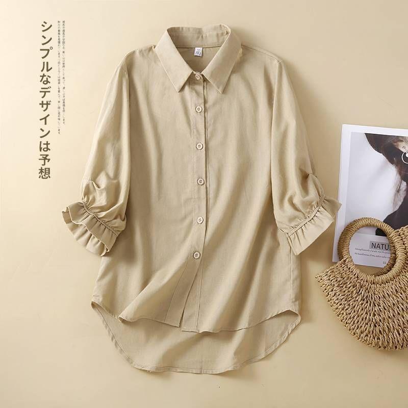 3/4-Sleeve Plain Frill Trim Shirt Product Image