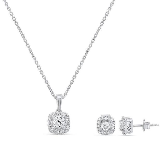 Ethique 1 Carat T.W. Lab-Grown Diamond Halo Pendant Necklace & Cushion-Shaped Stud Earring Set, Womens Sterling Silver Product Image