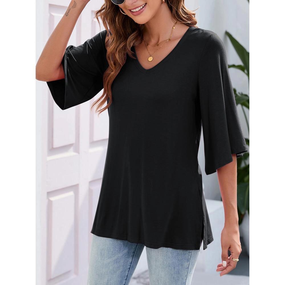 MISSKY Women's 3/4 Bell Sleeve V Neck Loose Fit Tunic Tops Product Image