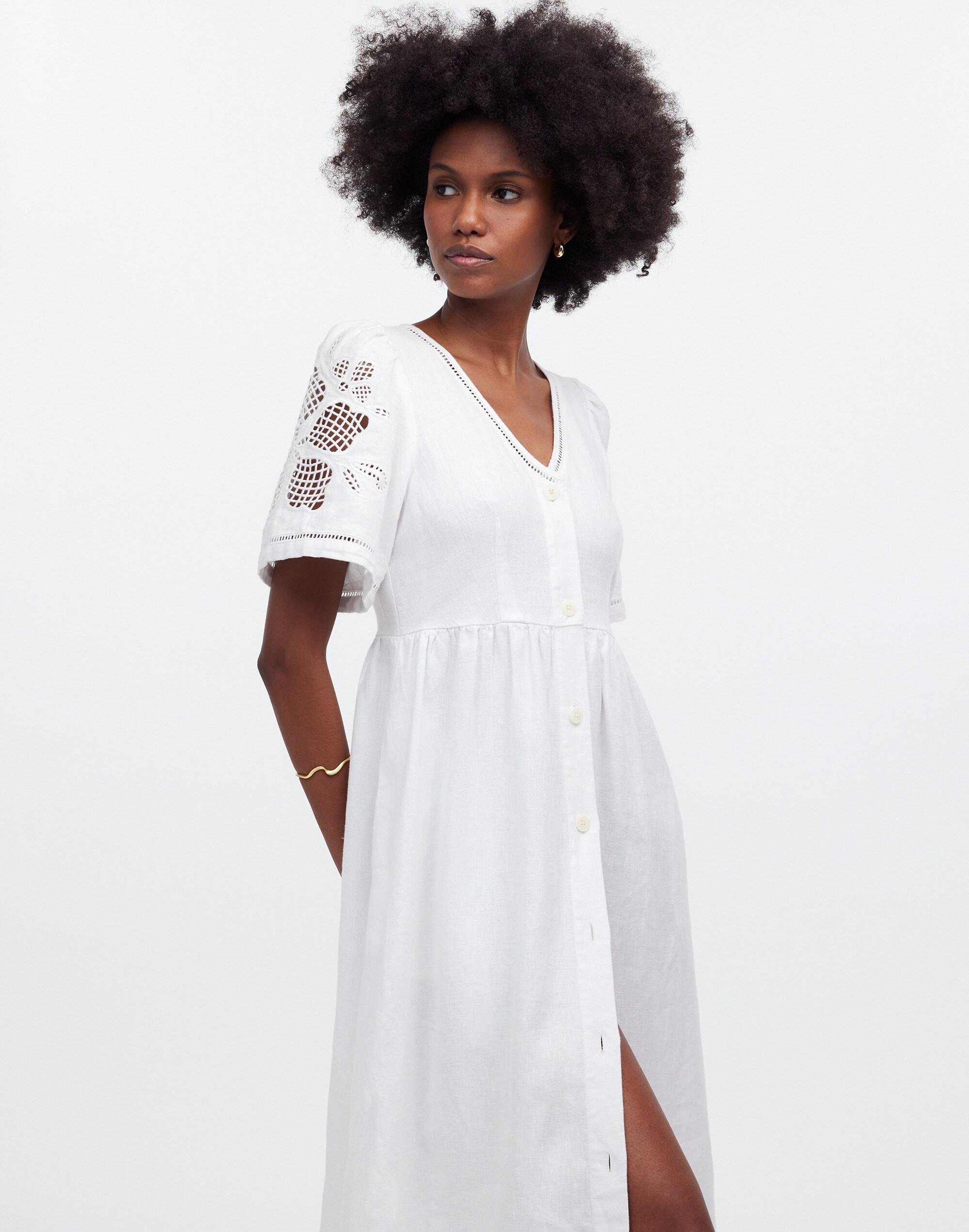 Cassie Button-Front Midi Dress in Embroidered Linen Product Image