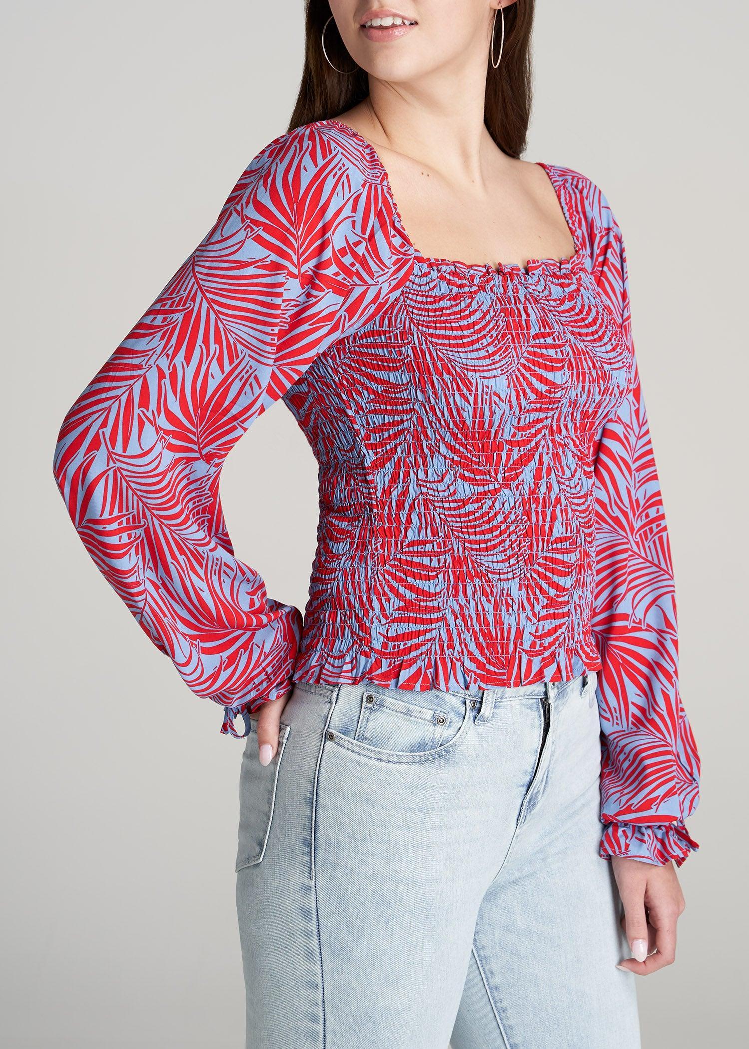 Women's Tall Balloon Sleeve Smocked Blouse in Red & Blue Tropical Print Product Image