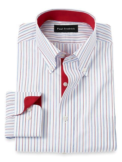 Non-Iron Cotton Stripe Dress Shirt With Contrast Trim - Blue/red Product Image