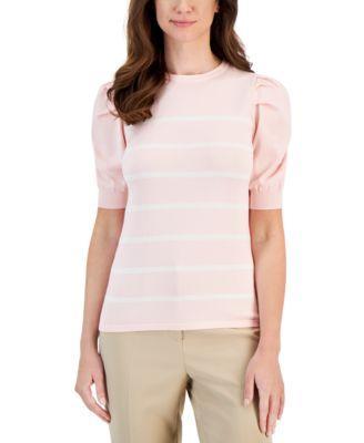 Anne Klein Womens Striped Puff-Sleeve Sweater - Latte Product Image