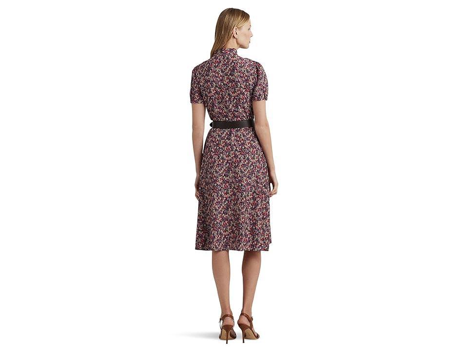 LAUREN Ralph Lauren Floral Crepe Tie Neck Shirtdress Burgundy Multi) Women's Dress Product Image