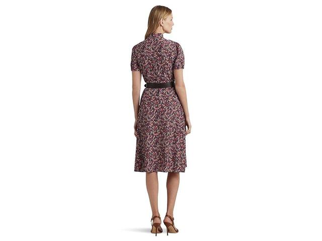 LAUREN Ralph Lauren Petite Floral Crepe Tie Neck Shirtdress (Navy/Burgundy Multi) Women's Dress Product Image