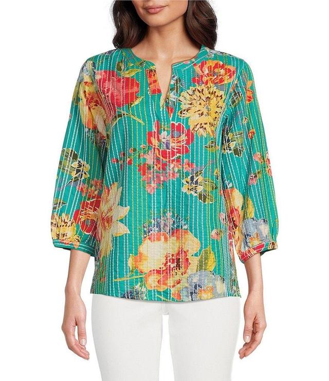 Tru Luxe Jeans Linen Blend Woven Spaced Floral Print Split V-Neck 3/4 Sleeve Peasant Blouse Product Image