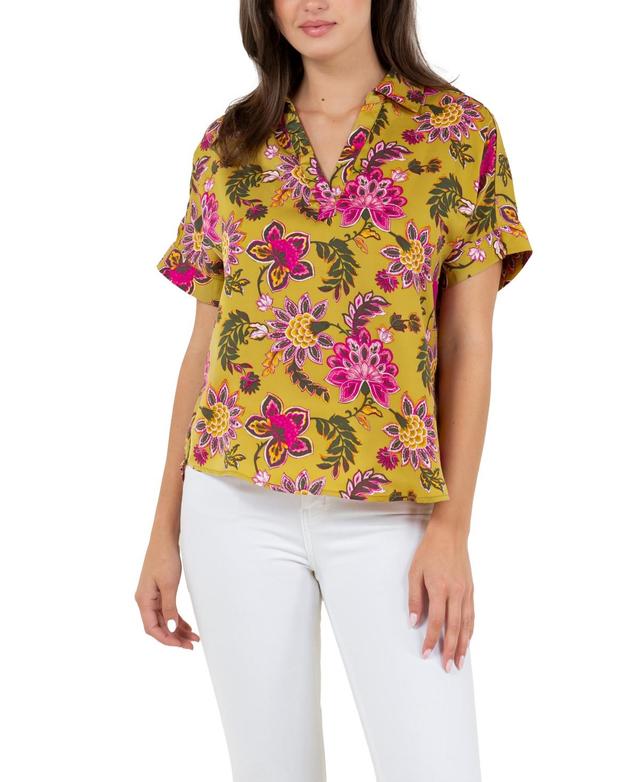 Fever Womens Printed Satin Like Top with Collar - Whisper White Product Image