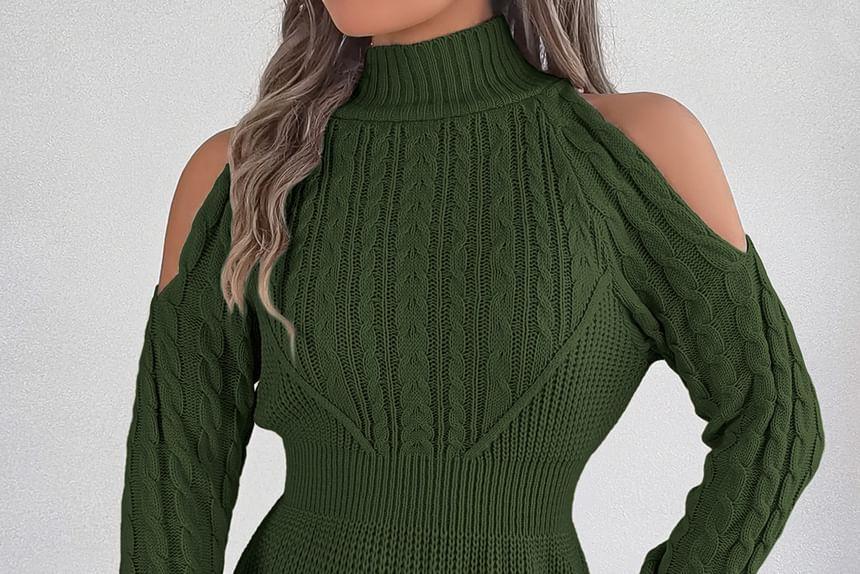 Mock Neck Cold Shoulder Plain Cable Knit Mini Sheath Sweater Dress Product Image