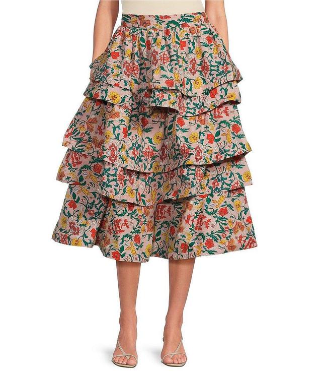 Buru Teagan Floral Print Tiered Ruffle Midi Length Pocketed A-Line Skirt Product Image