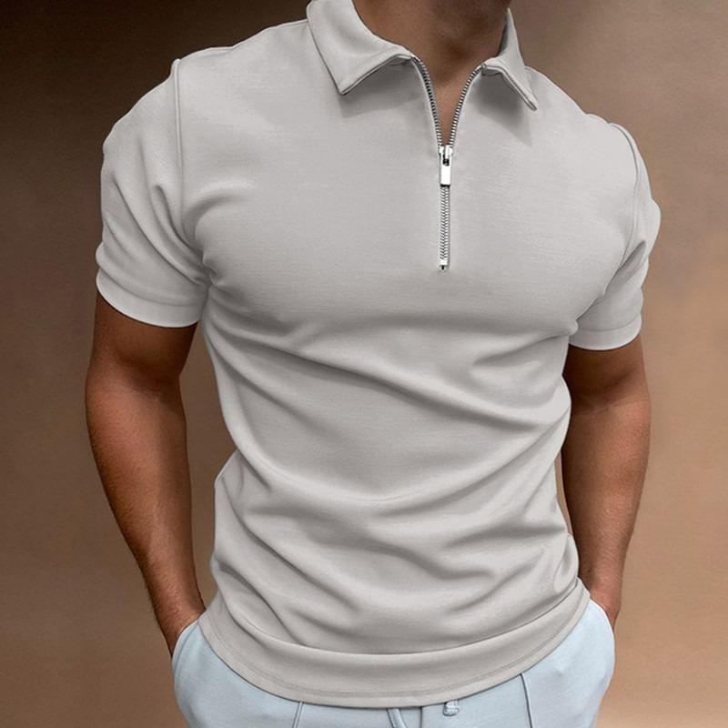 Short-Sleeve Collared Plain Half-Zip T-Shirt Product Image