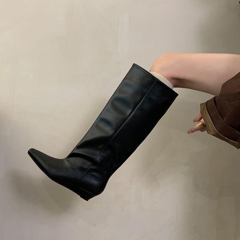 Wedge Heel Plain Faux Leather Tall Boots Product Image