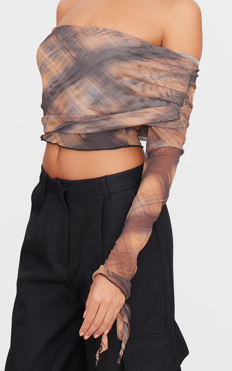 Brown Check Mesh Ultra Long Drape Sleeve Crop Top Product Image