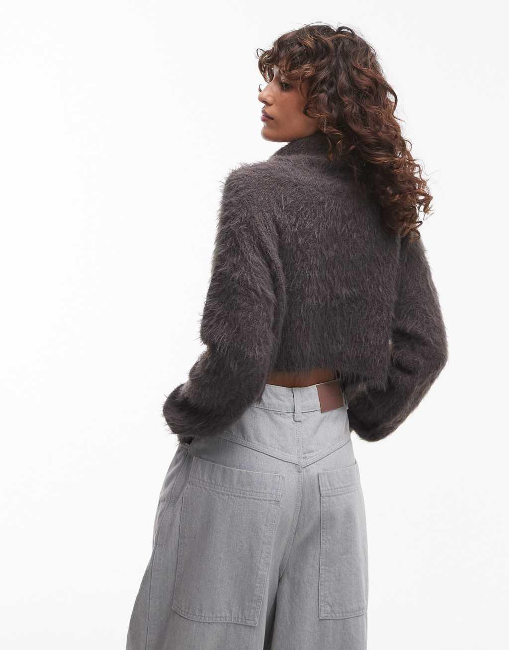 Topshop knitted ultra fluffy roll neck crop sweater in charcoal Product Image