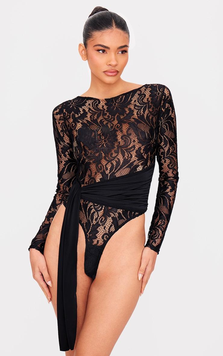 Black Lace Wrap Detail Long Sleeve Bodysuit Product Image