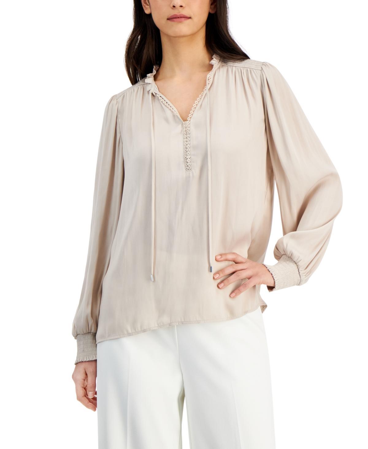 T Tahari Womens Split Tie-Neck Smocked-Trim Top Product Image